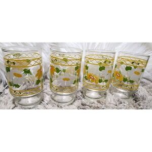 Set of 4 Vintage 70s Hildi Juice Glasses‎ Yellow White MOD Daisies 4" H